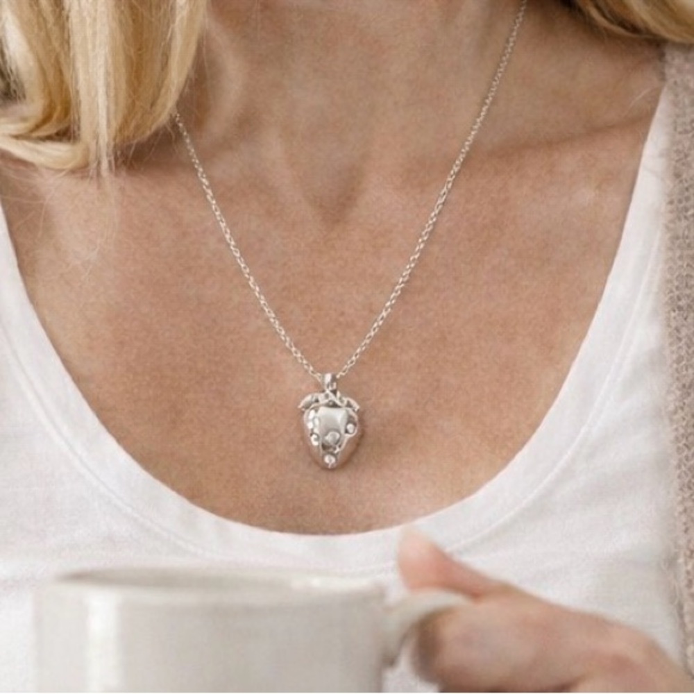 🍓Silver plated strawberry pendant w/ CZ stones, long chain necklace. - Picture 2 of 6